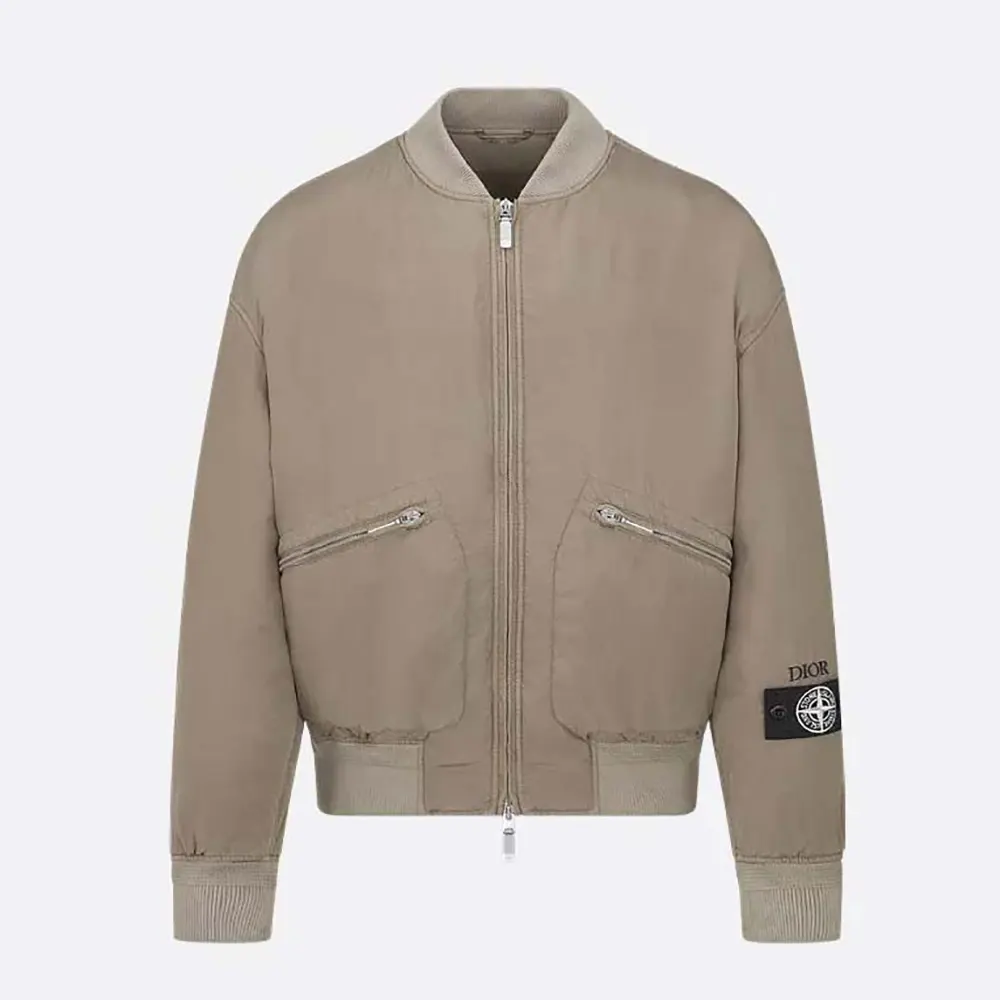 Front view of Dior Men DIOR AND STONE ISLAND Bomber Jacket Brown Habotai Silk Blend