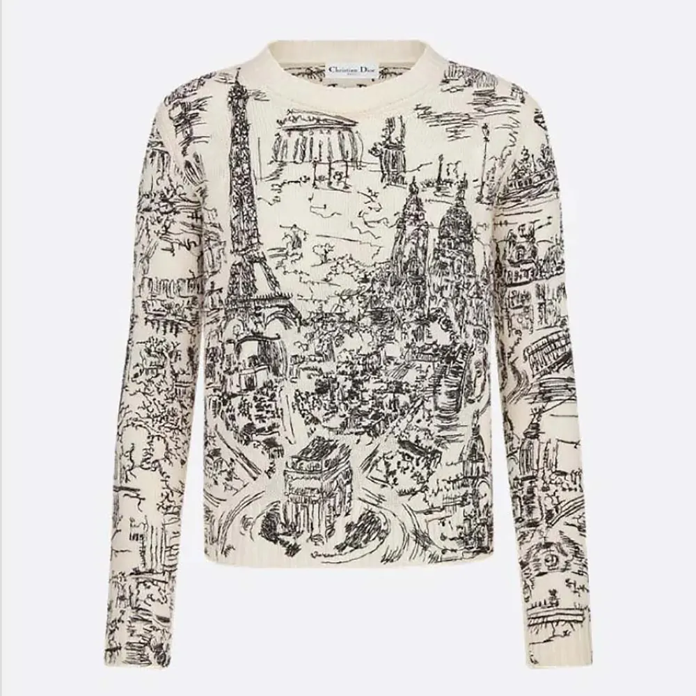 Front view of Dior Women Embroidered Sweater White and Black Cashmere Knit