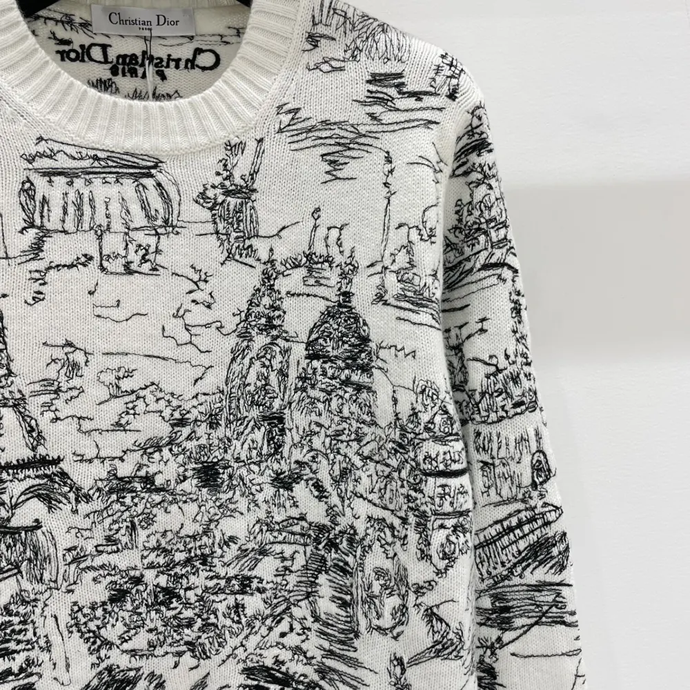 Dior Women Embroidered Sweater White and Black Cashmere Knit with Paris Allover Motif - image 5