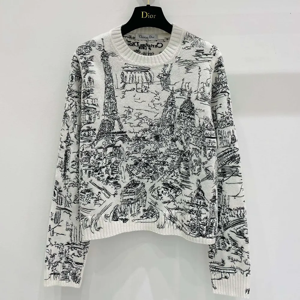 Close-up of intricate Paris allover embroidery on Dior Women Embroidered Sweater