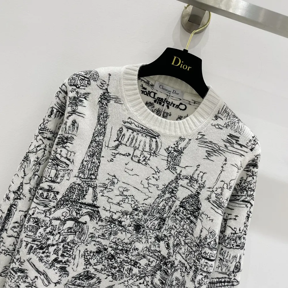 Dior Women Embroidered Sweater White and Black Cashmere Knit with Paris Allover Motif - image 4