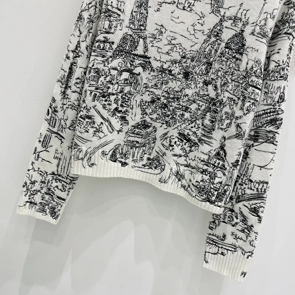 Dior Women Embroidered Sweater White and Black Cashmere Knit with Paris Allover Motif - image 9