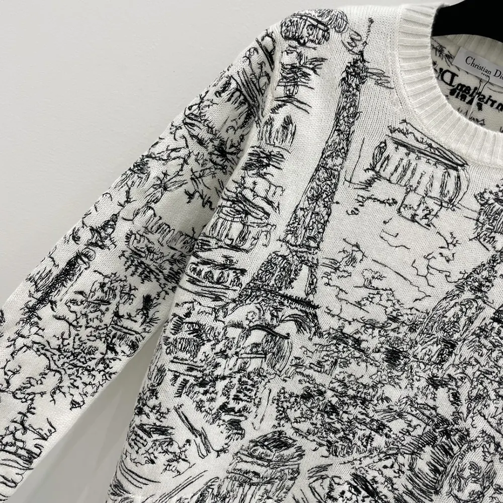 Dior Women Embroidered Sweater White and Black Cashmere Knit with Paris Allover Motif - image 6