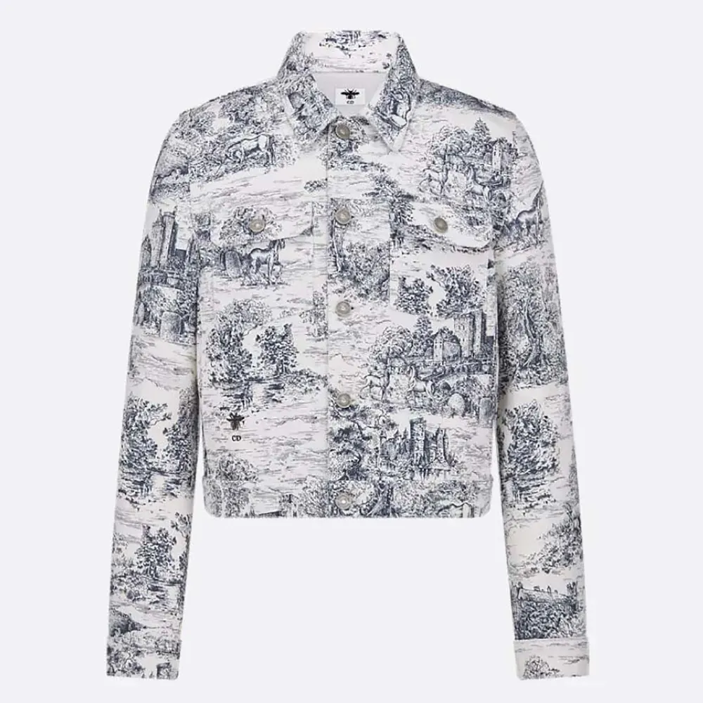 Front view of Dior Women Jacket White Cotton Denim with Blue Toile de Jouy Scotland Motif