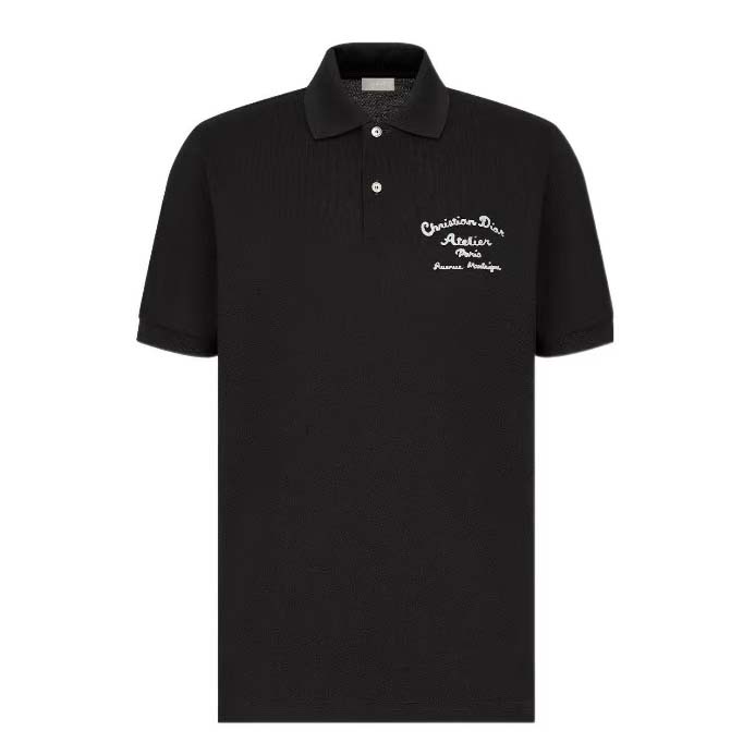 Front view of Dior Men Logo-embroidered Cotton Polo shirt-Black showing logo