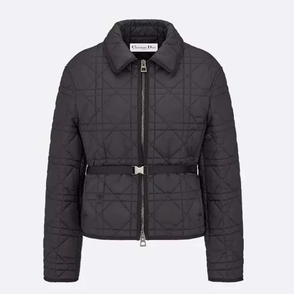 Front view of Dior Women Macrocannage Belted Peacoat Black Quilted Technical Taffeta