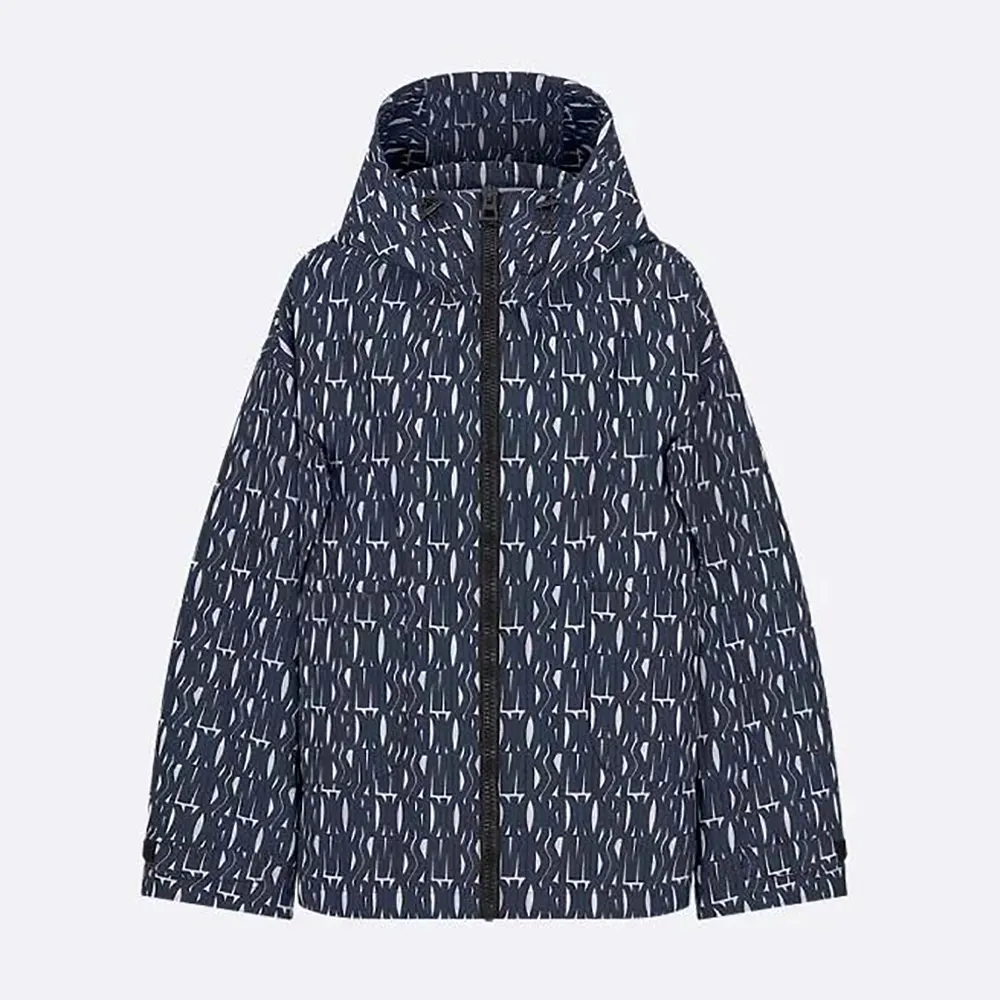 Front view of Dior Men Waterproof Hooded Jacket White Technical Taffeta Jacquard in navy