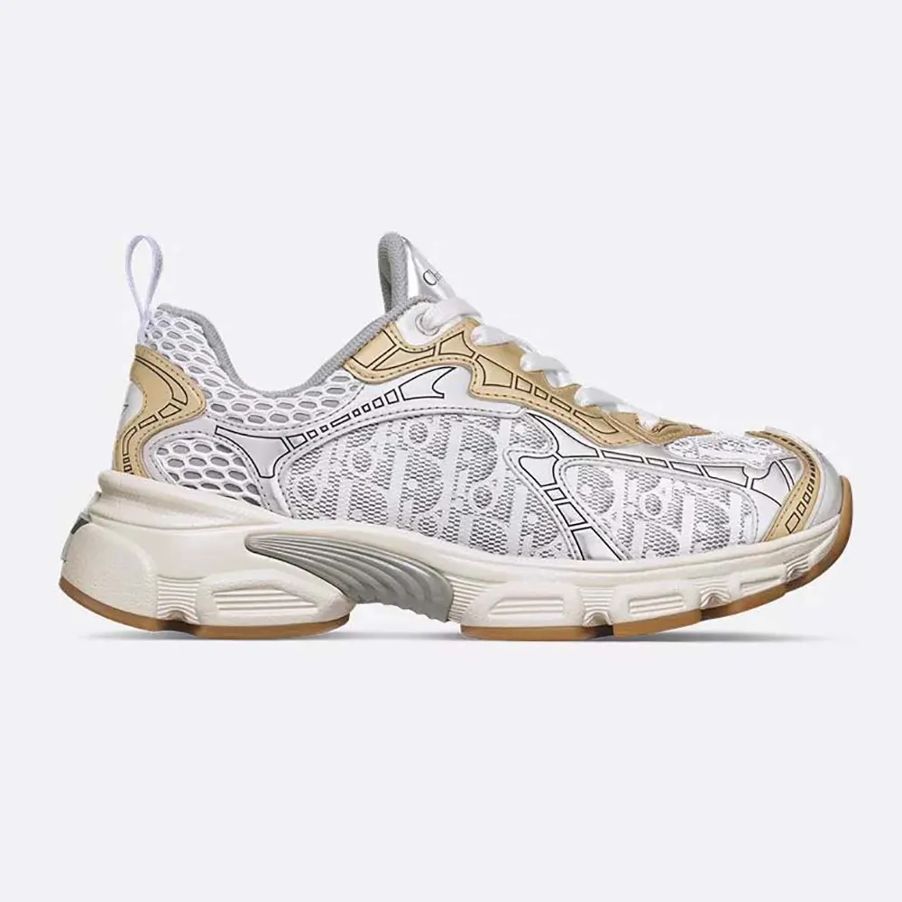 Side profile of Dior Vibe Sneaker White Mesh with gold and silver hardware
