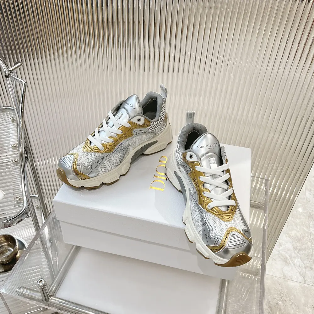 Dior Vibe Sneaker White Mesh Printed with Dior Oblique Motif and Gold- and Silver-Tone - image 4
