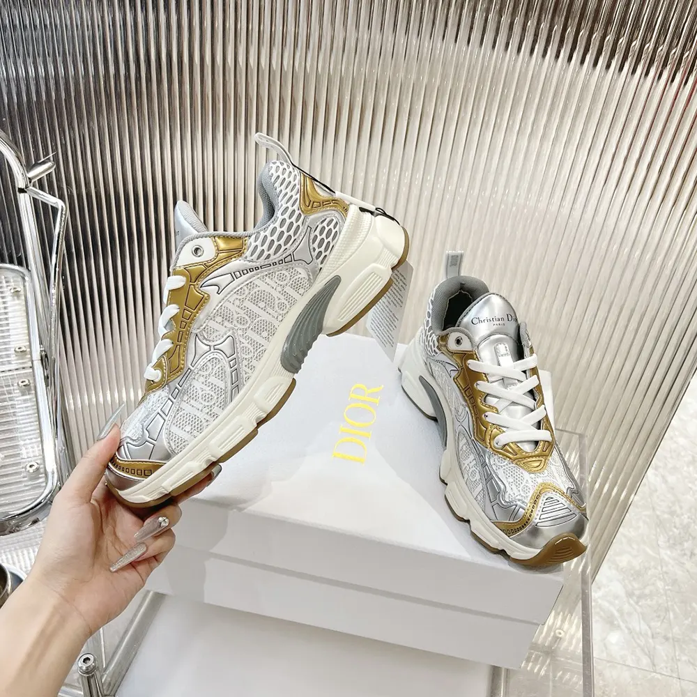 Dior Vibe Sneaker White Mesh Printed with Dior Oblique Motif and Gold- and Silver-Tone - image 5