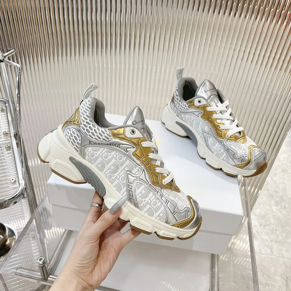 Dior Vibe Sneaker White Mesh Printed with Dior Oblique Motif and Gold- and Silver-Tone - image 6