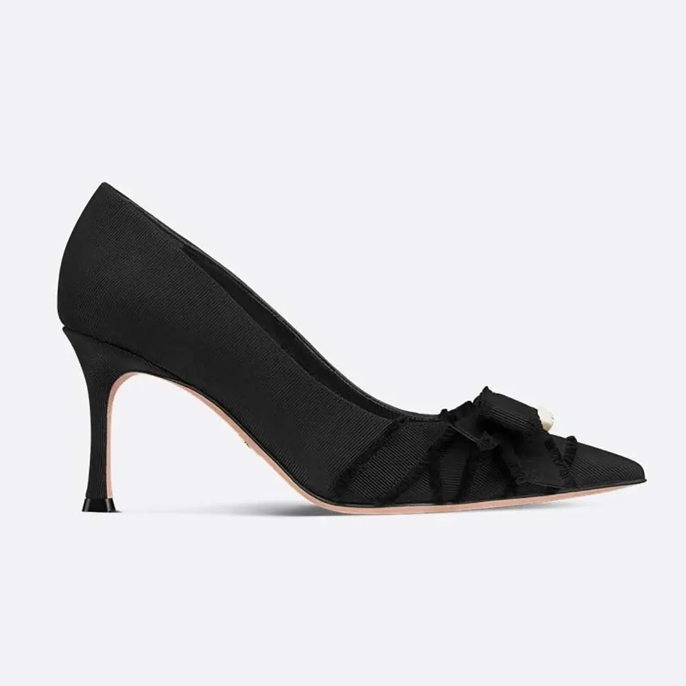 Side angle of Dior Women Adiorable Pump Black Fringed Grosgrain high heel