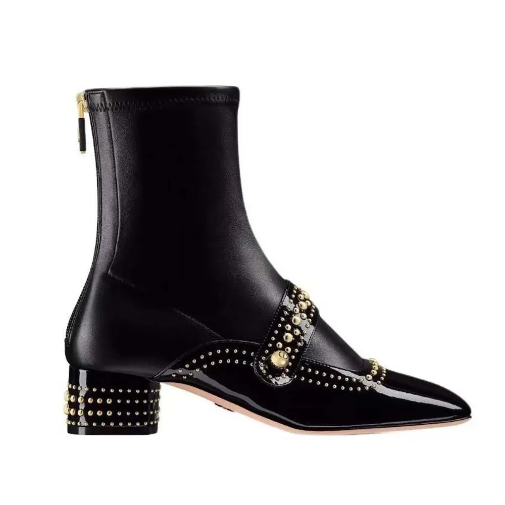 Side profile of Dior Women Belle-D Heeled Ankle Boot Black Calfskin