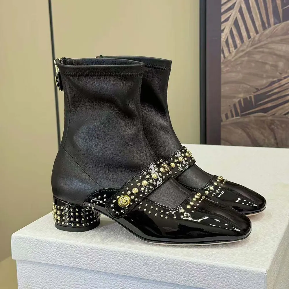 Overhead view showing zipper closure and leather texture on Dior Belle-D Boot