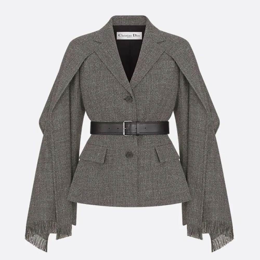 Front view of Dior Women Belted Jacket with Removable Scarf Gray Virgin Wool Tweed