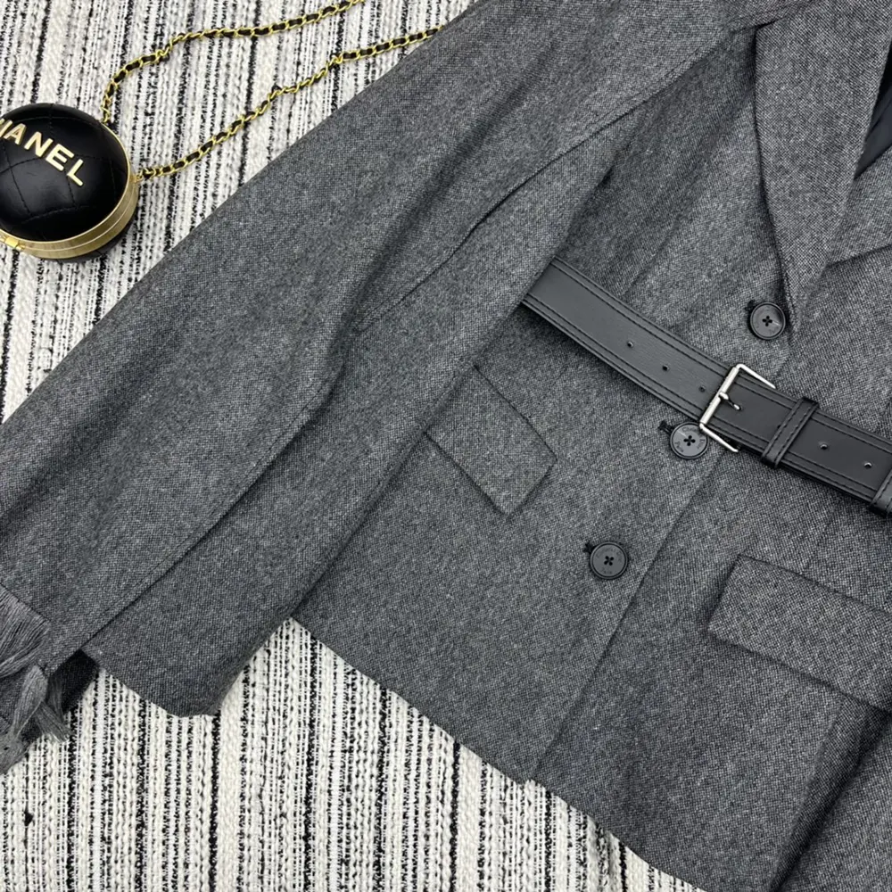 Dior Women Belted Jacket with Removable Scarf Gray Virgin Wool Tweed - image 8