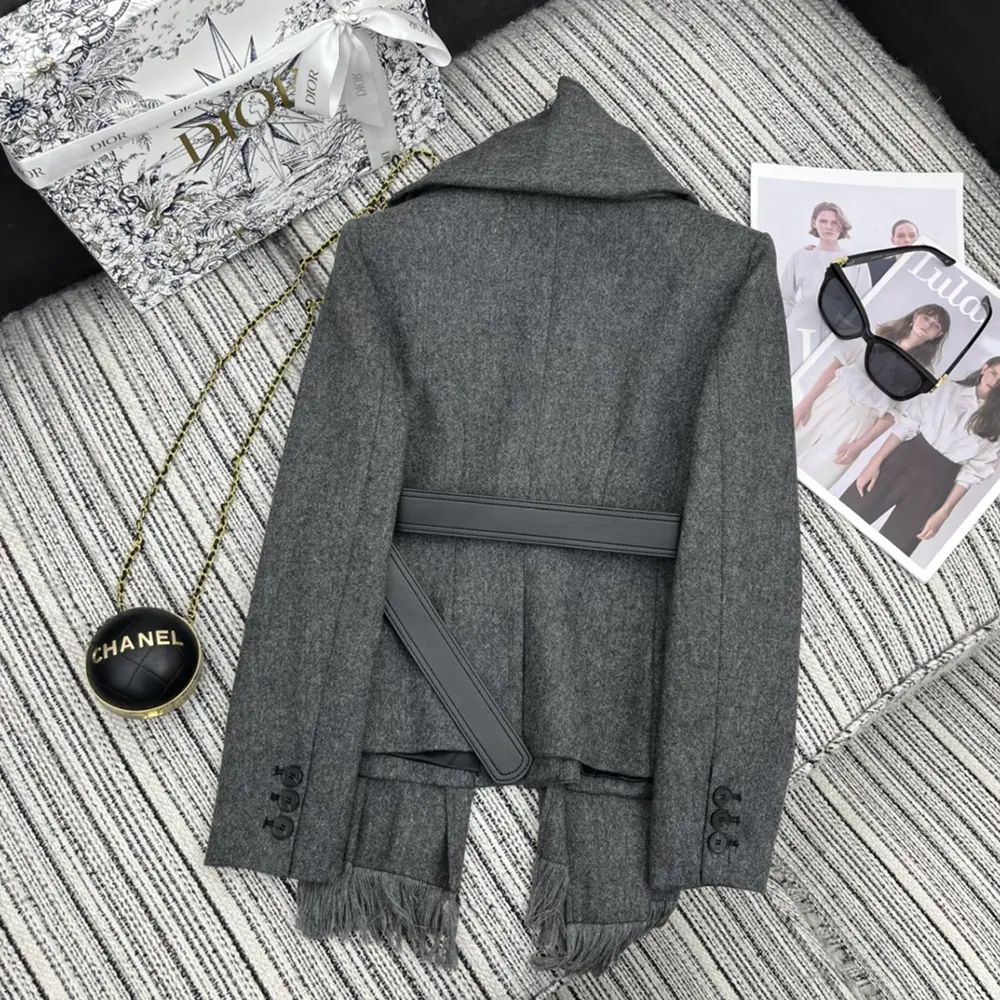 Dior Women Belted Jacket with Removable Scarf Gray Virgin Wool Tweed - image 4