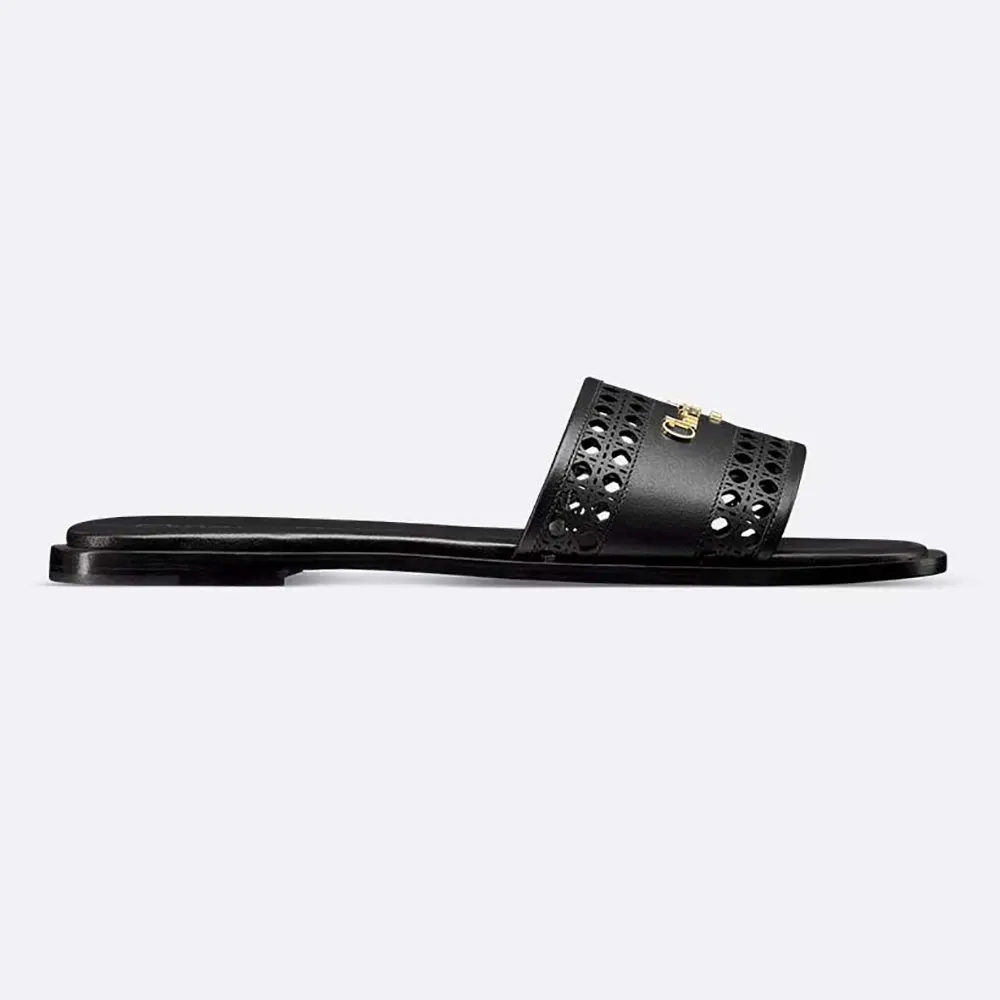 Side view of Dior Women Black Calfskin with Openwork Microcannage Motif sandal