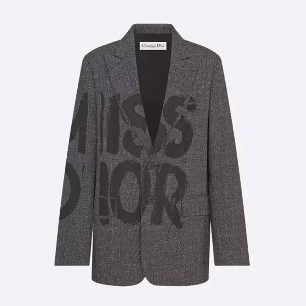 Front view of Dior Women Blazer Gray End-on-End Virgin Wool with black graffiti motif