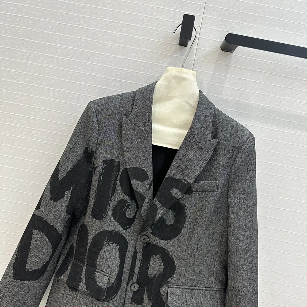 Dior Women Blazer Gray End-on-End Virgin Wool with Black Miss Dior Graffiti Motif - image 4