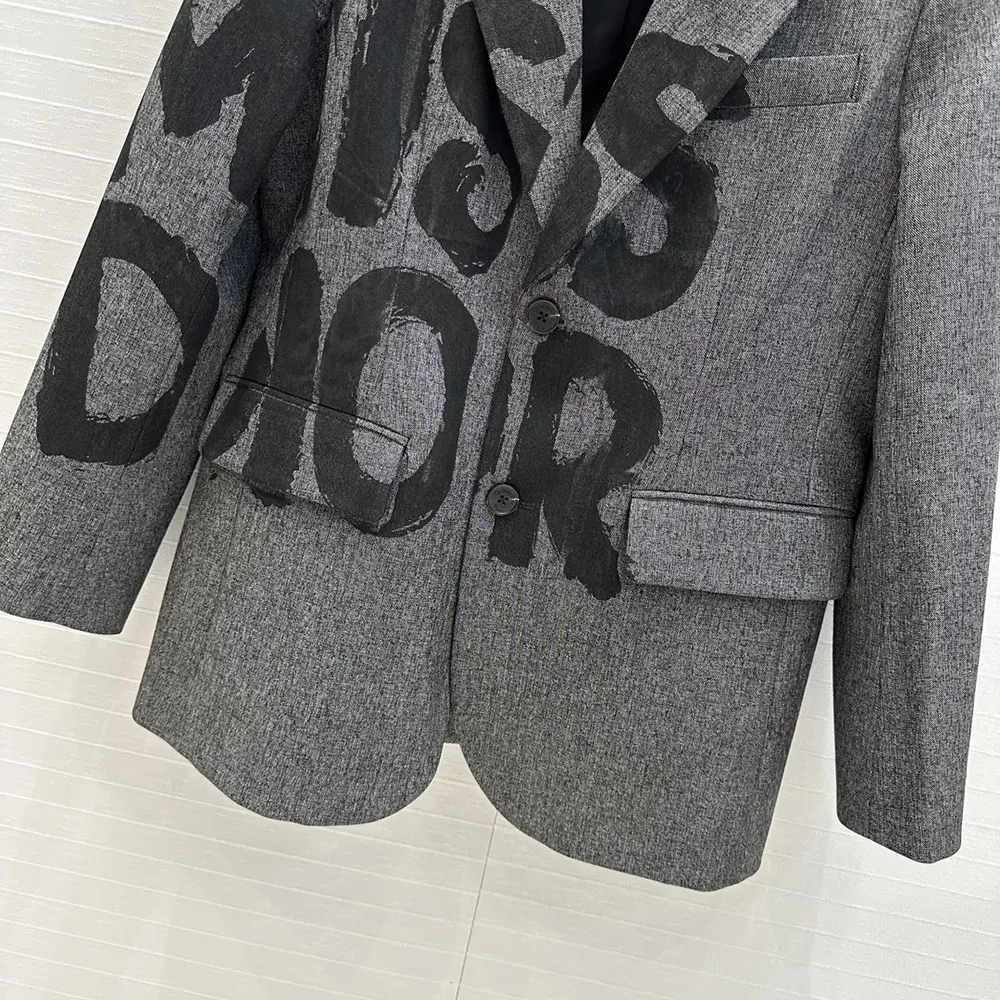 Dior Women Blazer Gray End-on-End Virgin Wool with Black Miss Dior Graffiti Motif - image 9