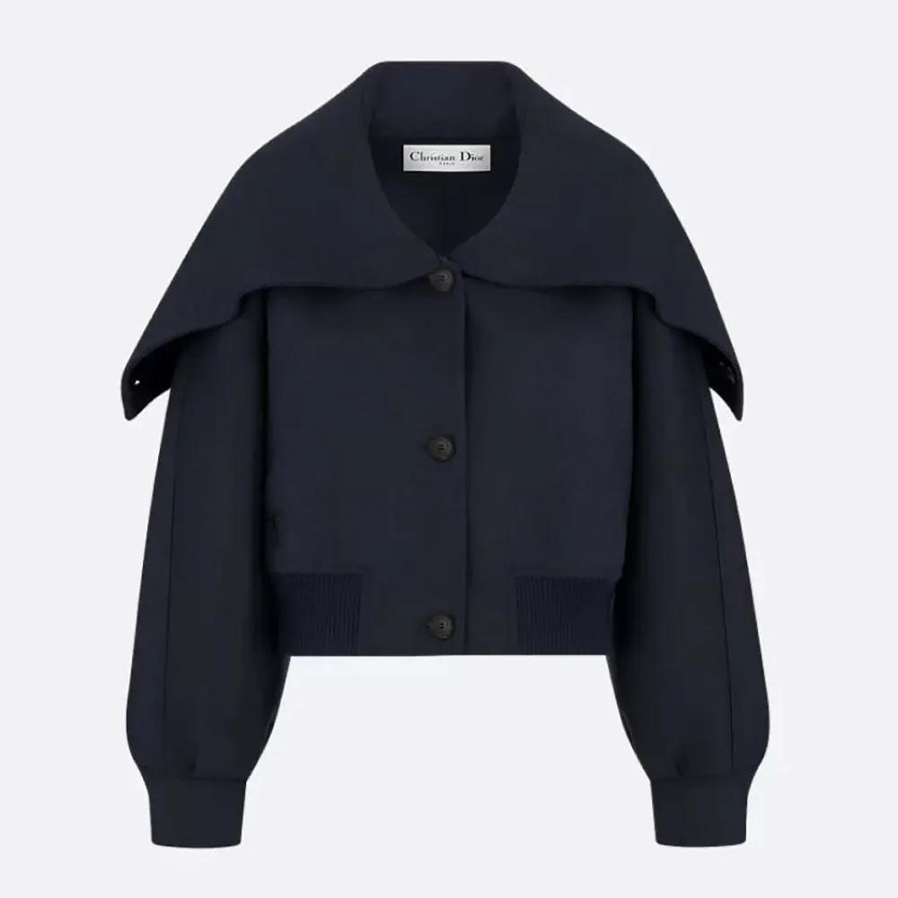 Front view of Dior Women Bomber Jacket with Oversized Collar in black