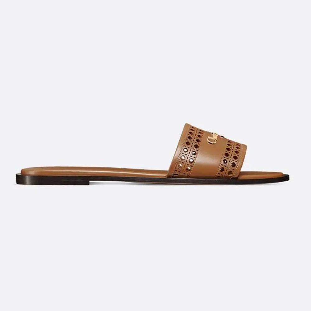 Front angle of Dior Women Camel Calfskin with Openwork Microcannage Motif sandal