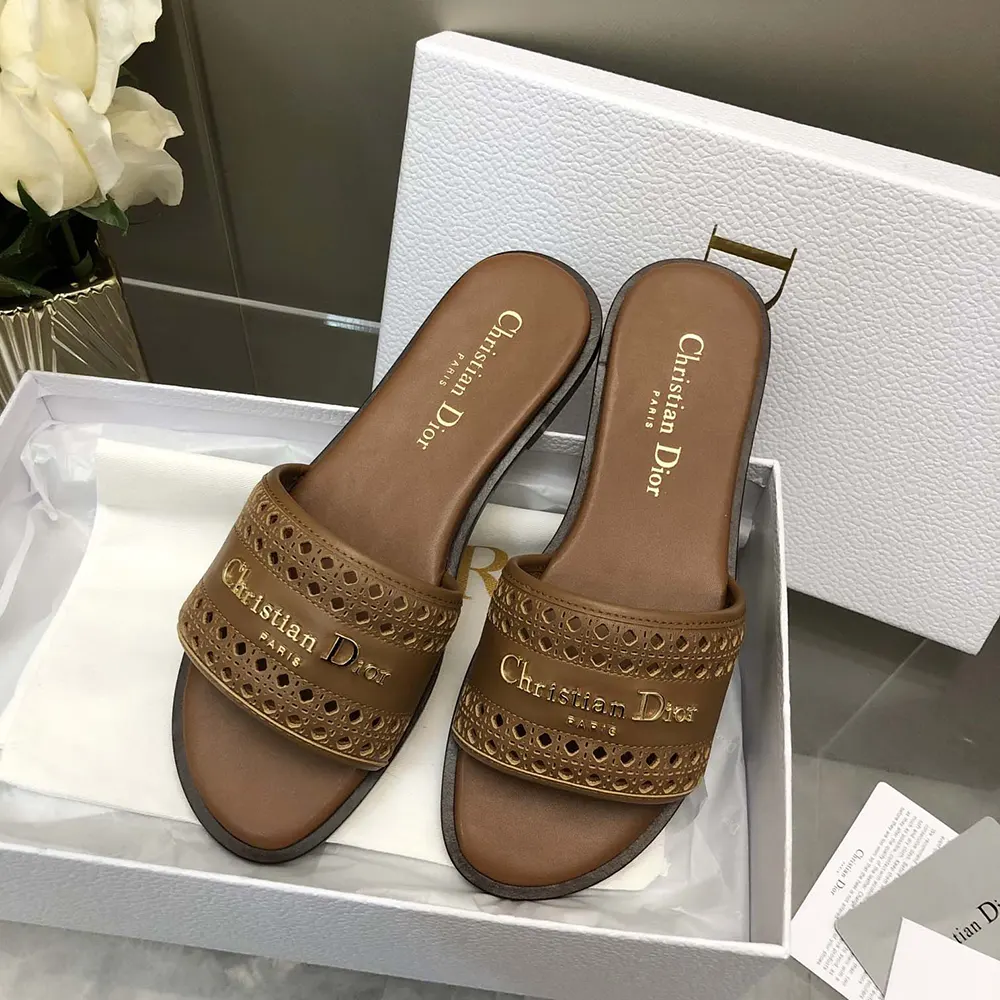 Side profile showcasing adjustable buckle on Dior Women Camel Calfskin sandal