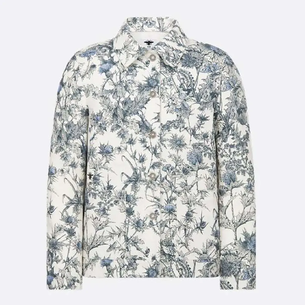 Front view of Dior Women Caro Jacket White Cotton Denim with Blue Dior Chardons Motif