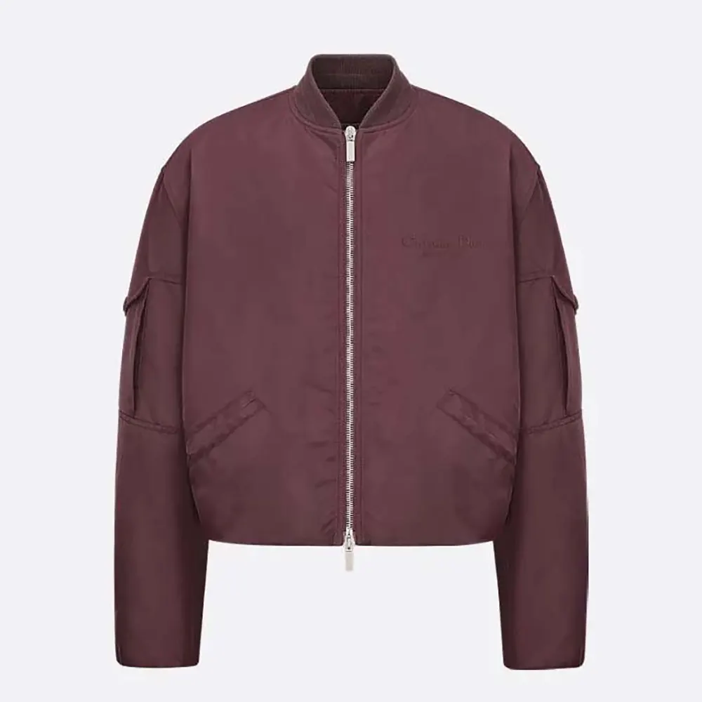Front view of Dior Women Christian Dior Couture Bomber Jacket Burgundy Technical Fabric