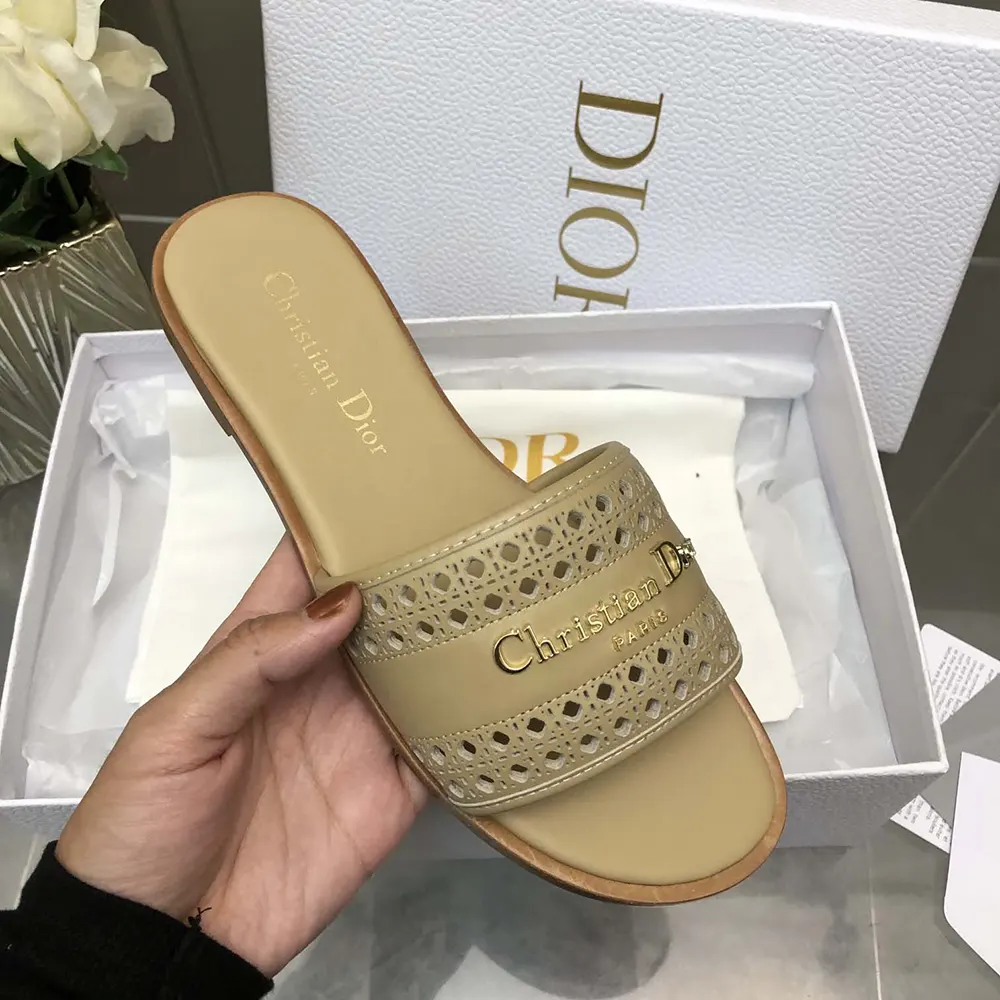 Dior Women D-Lane Slide Beige Calfskin with Openwork Microcannage Motif - image 8