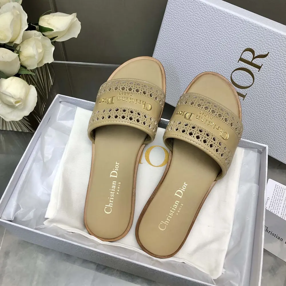 Dior Women D-Lane Slide Beige Calfskin with Openwork Microcannage Motif - image 6