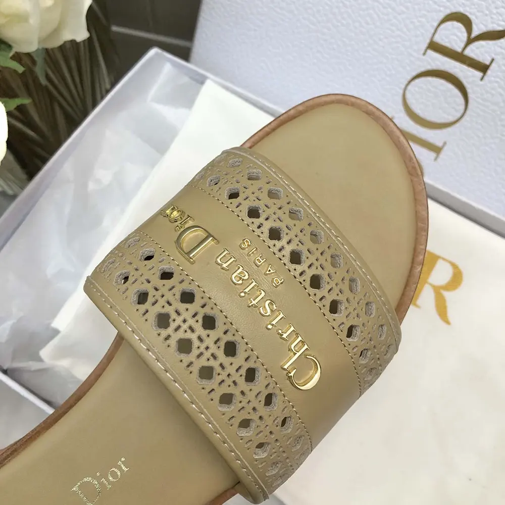 Dior Women D-Lane Slide Beige Calfskin with Openwork Microcannage Motif - image 9