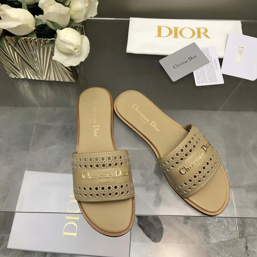 Side profile showing silver-tone hardware on Dior Women D-Lane Slide