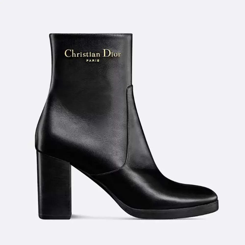 Side view of Dior Women D-Town Heeled Ankle Boot Black Calfskin
