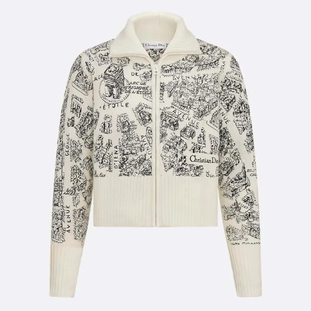 Front view of Dior Women DiorAlps Mock-Neck Cardigan in white and black