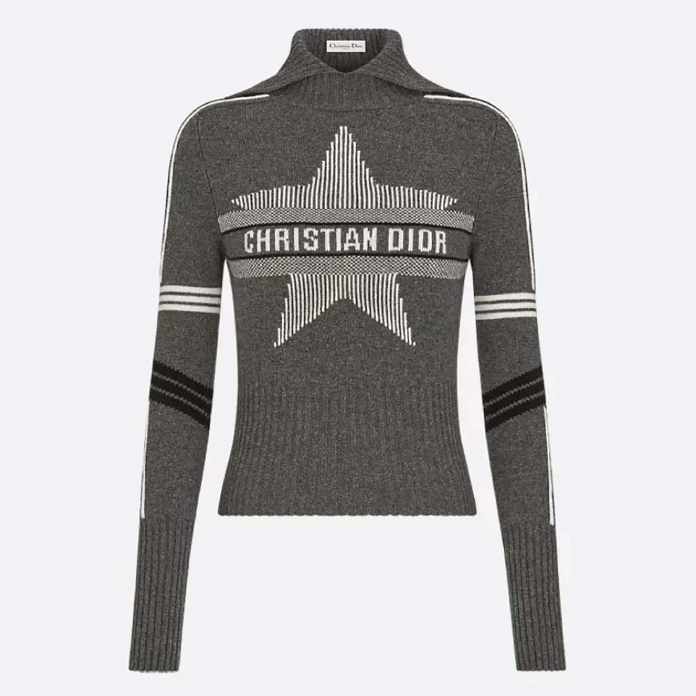 Front view of Dior Women DiorAlps Mock Neck Sweater Gray Virgin Wool and Cashmere Knit