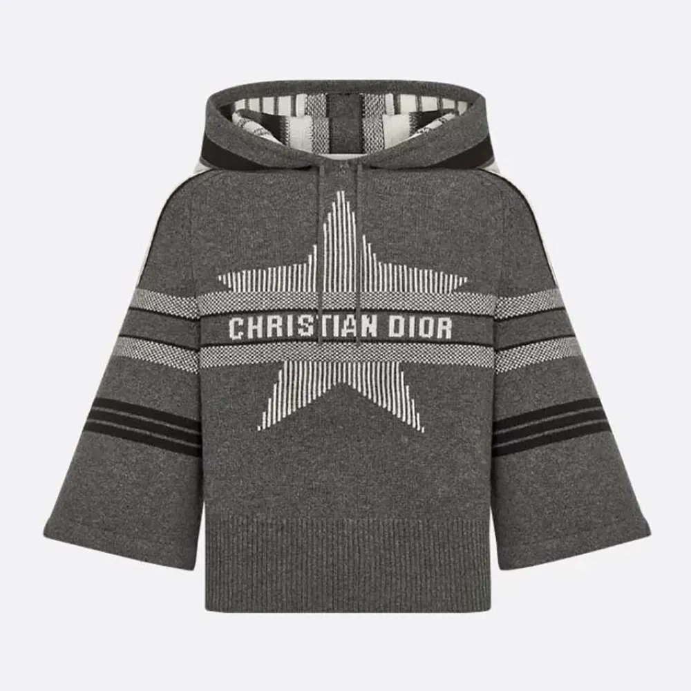 Front view of Dior Women DiorAlps Three-Quarter Sleeve Hooded Sweater Gray Wool