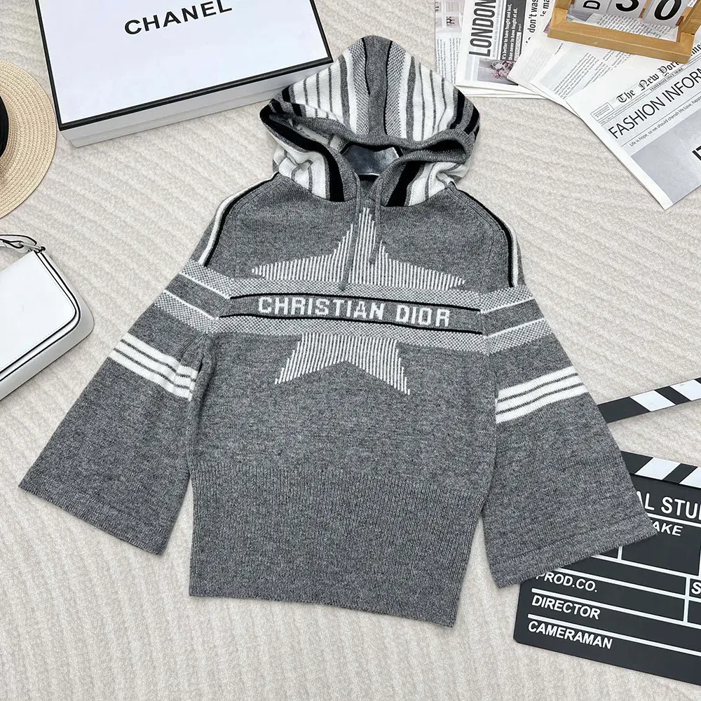 Close-up of hood detail on Dior Women DiorAlps Gray Wool Sweater