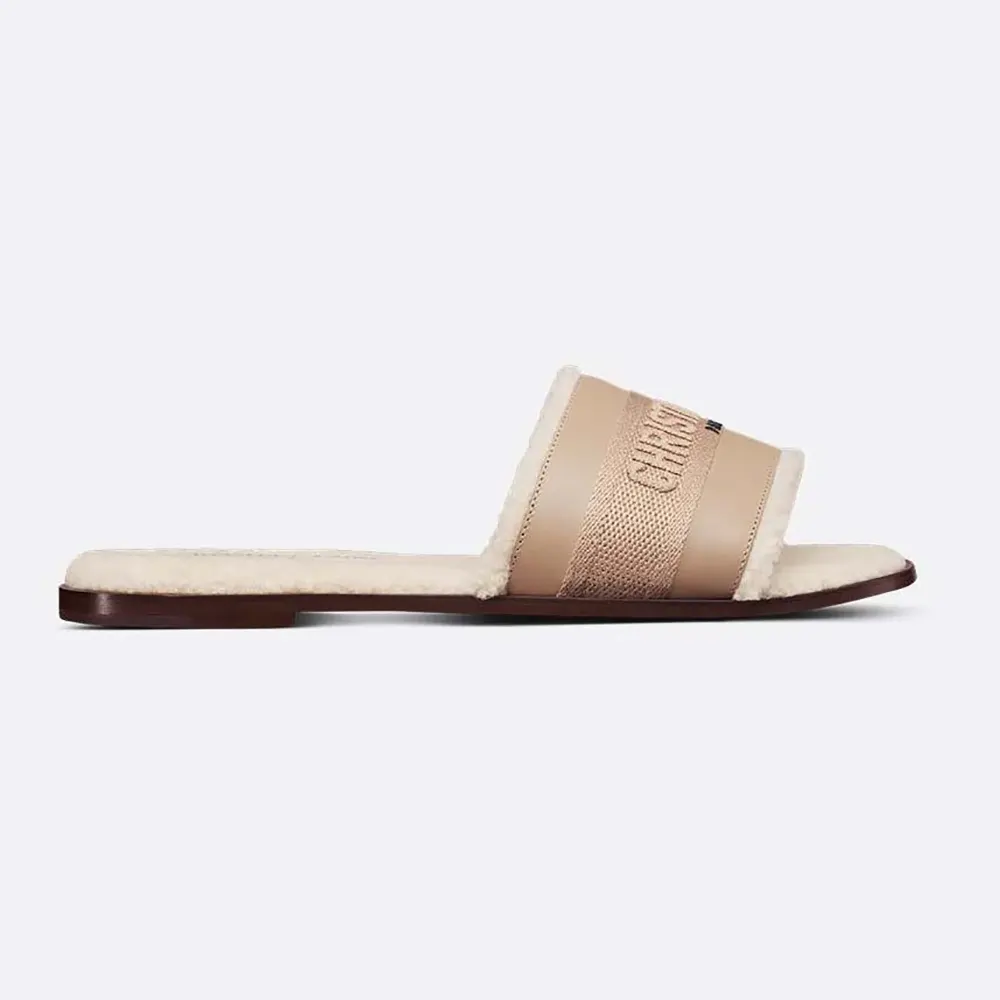 Side view of Dior Women Dway Slide Beige Calfskin and Embroidered Cotton