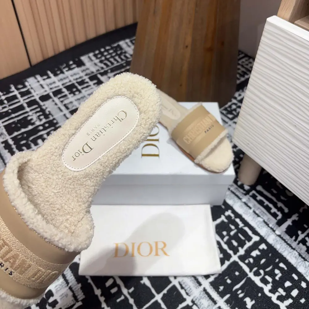 Dior Women Dway Slide Beige Calfskin and Embroidered Cotton - image 9