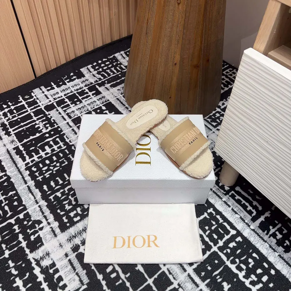 Dior Women Dway Slide Beige Calfskin and Embroidered Cotton - image 7