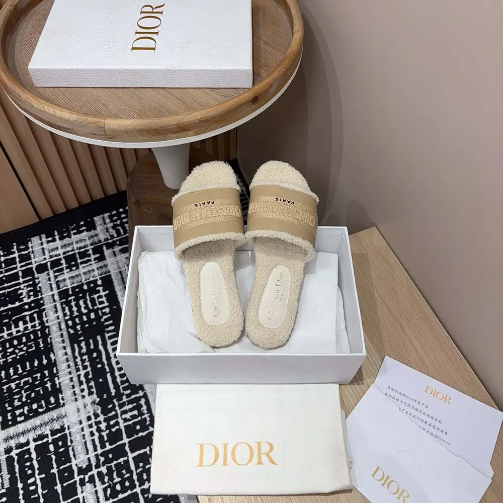 Dior Women Dway Slide Beige Calfskin and Embroidered Cotton - image 6