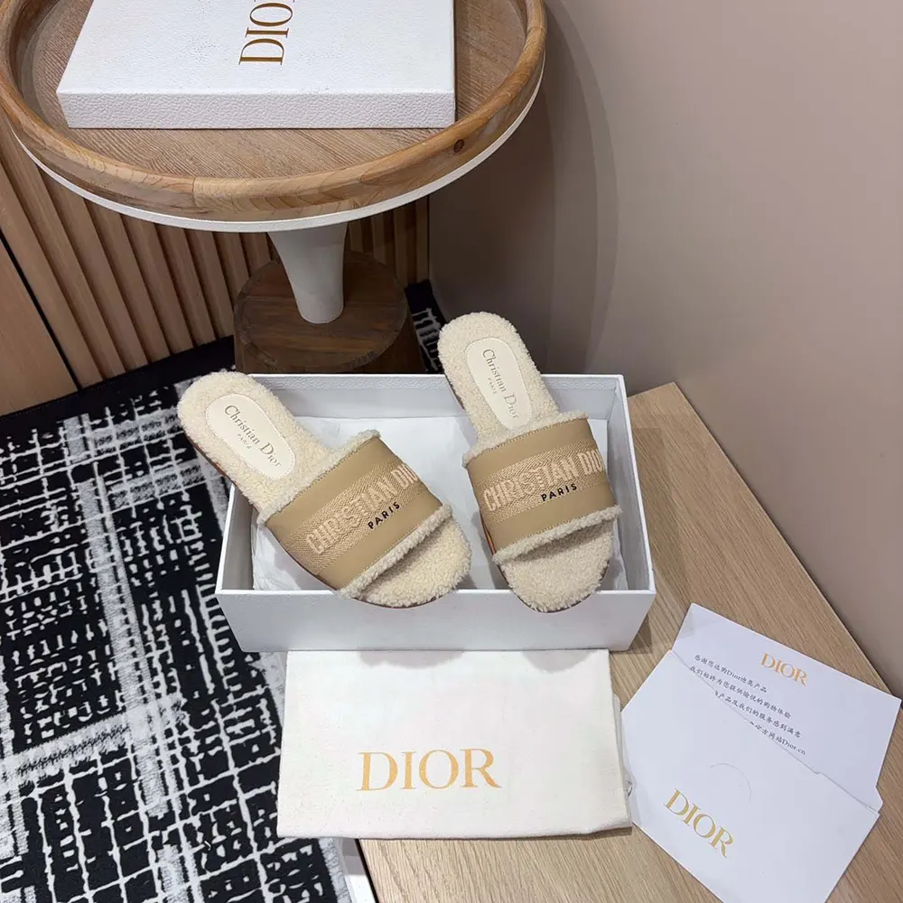 Dior Women Dway Slide Beige Calfskin and Embroidered Cotton - image 5