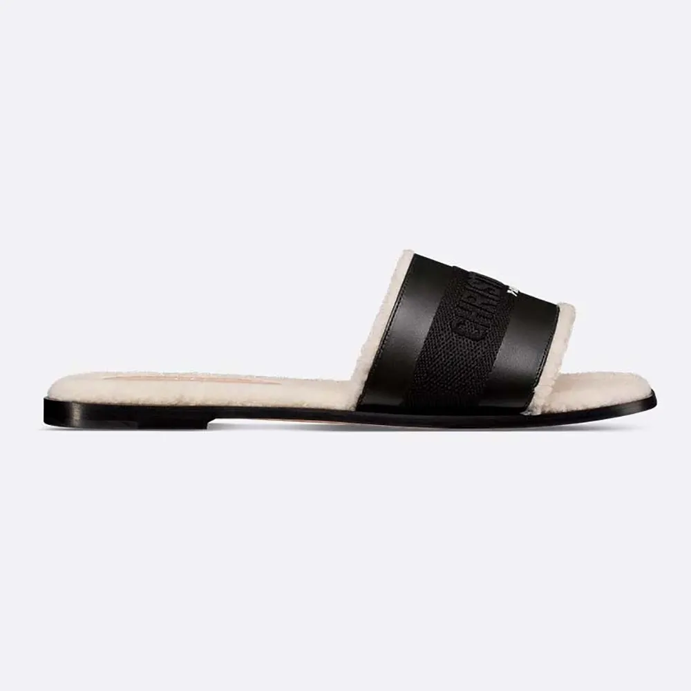 Side view of Dior Women Dway Slide Black Calfskin and Embroidered Cotton