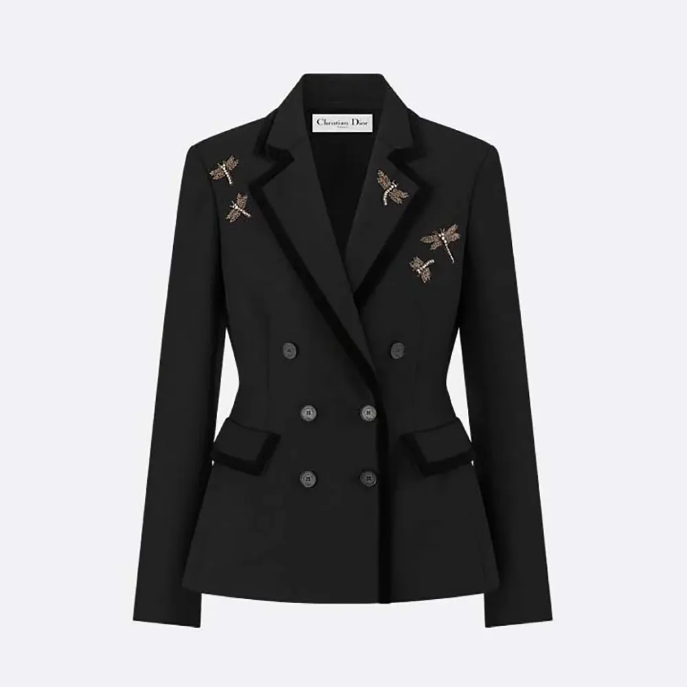 Front view of Dior Women Embroidered Marlène Jacket in black wool and mohair