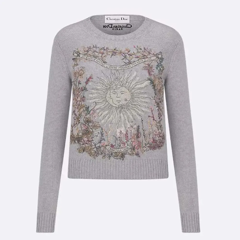 Dior Women Embroidered Sweater Gray Cashmere Knit with Multicolor Dior 4 Saisons
