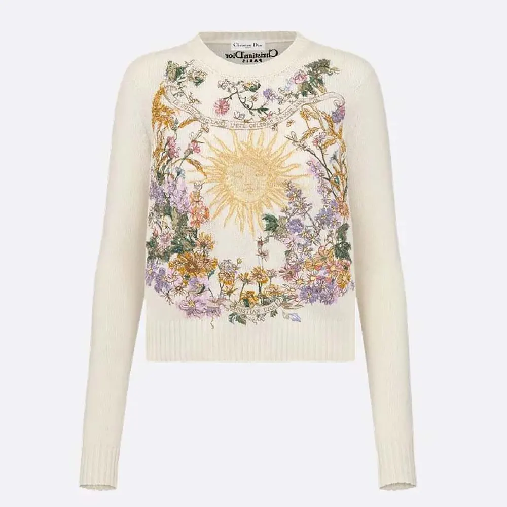 Dior Women Embroidered Sweater White Cashmere Knit with Multicolor Dior 4 Saison