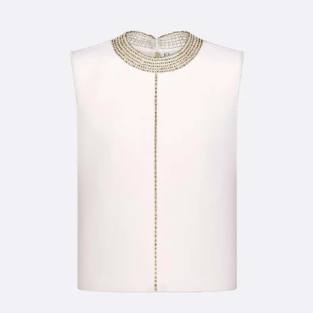 Front view of Dior Women Embroidered Top White Wool and Silk