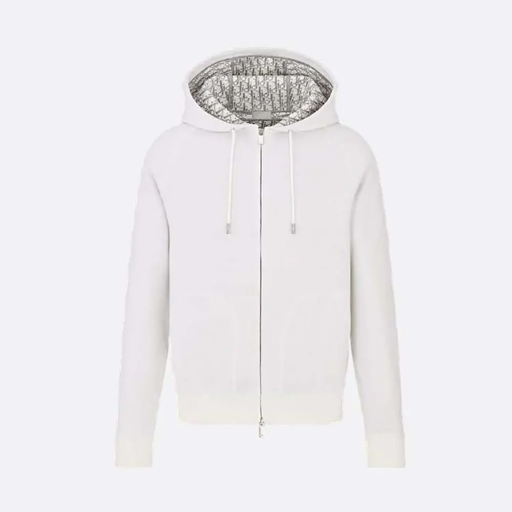 Front view of Dior Women Hooded Track Jacket White Cotton Knit and Cashmere
